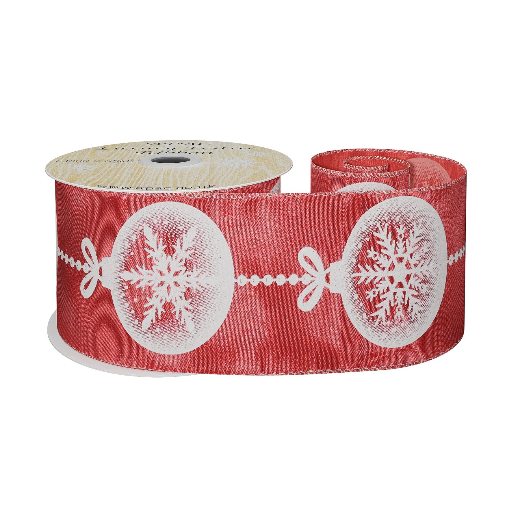 View Red Satin Ribbon with Snowflake Bauble Print 63mm x 9m information