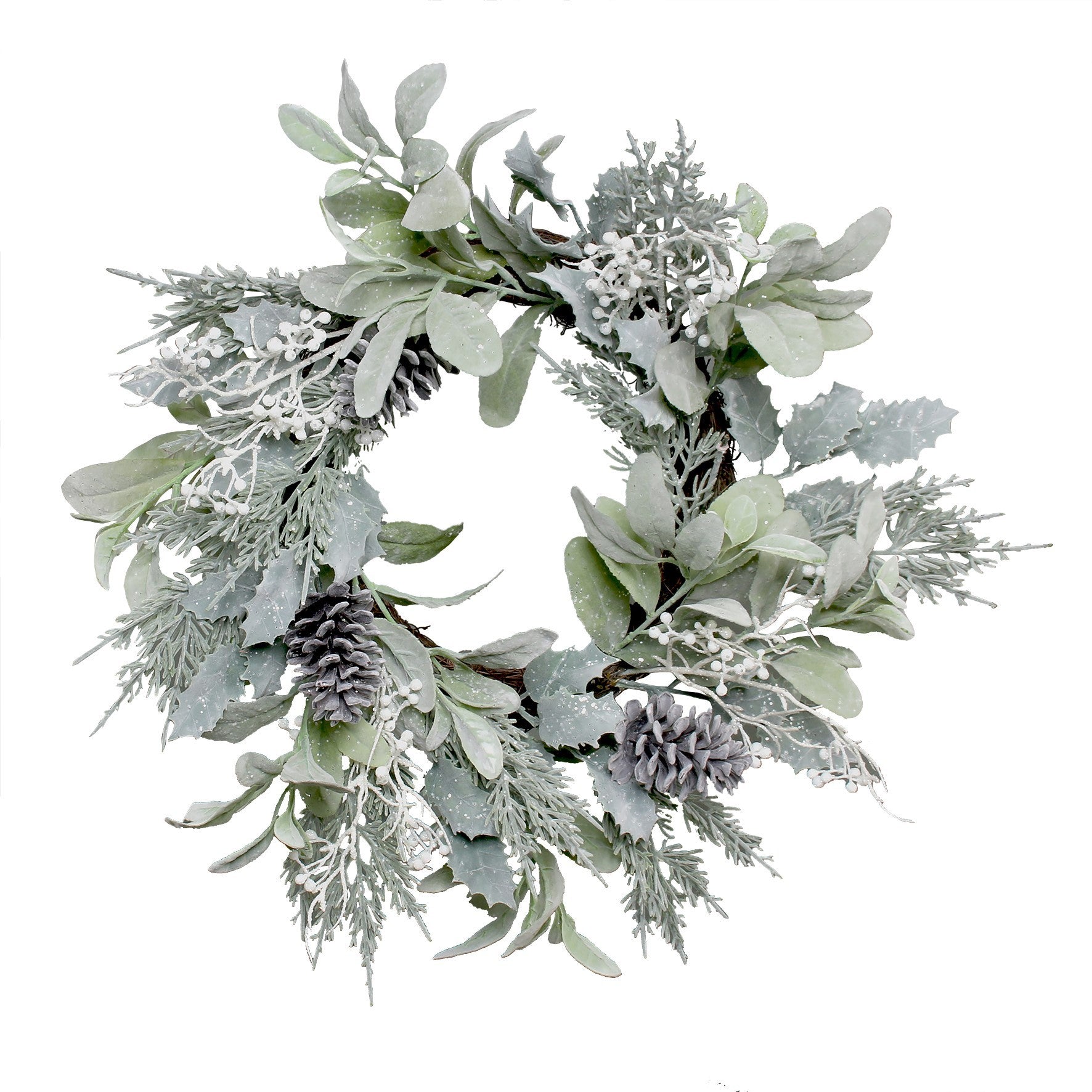 View Lambs Ear Holly Pine Cone White Berry Flocked Wreath 60cm information