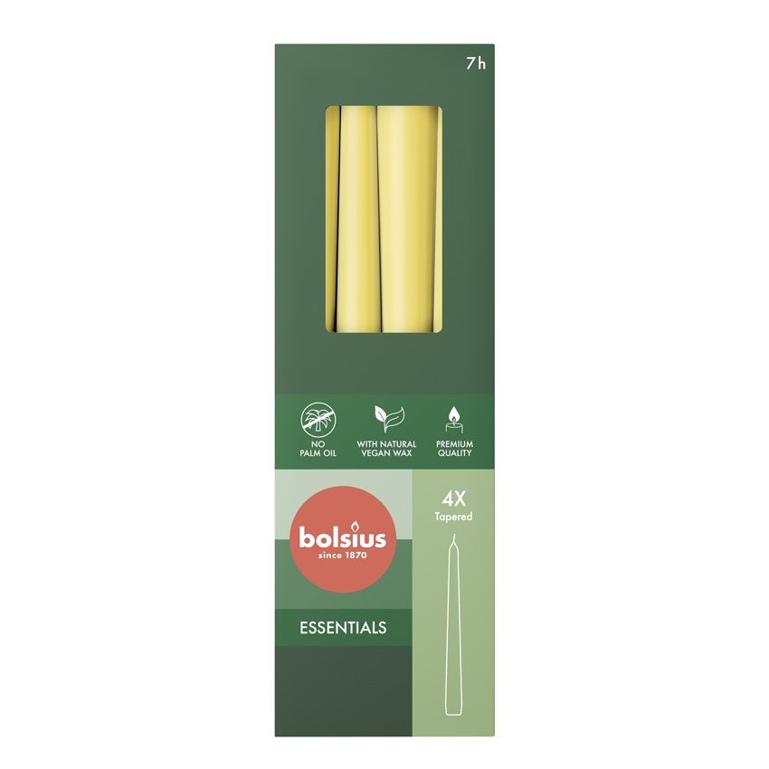 View Bolsius Sunny Yellow Box of 4 Tapered Candles 245mm x 24mm information