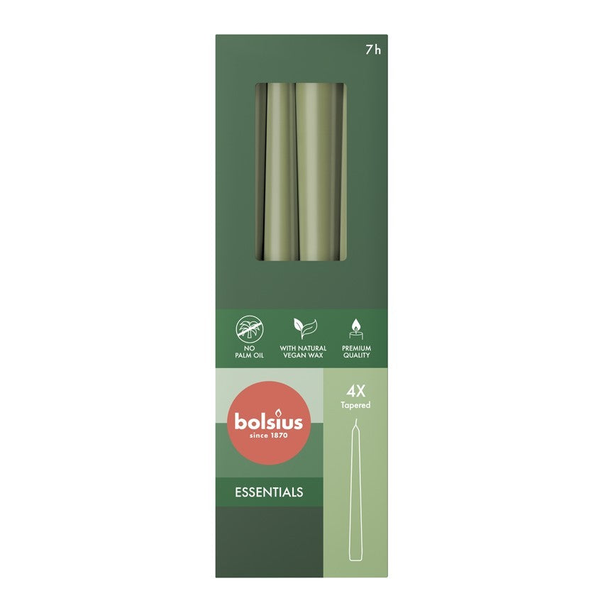 View Bolsius Olive Green Box of 4 Tapered Candles 245mm x 24mm information