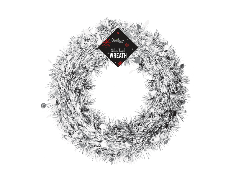 View Silver Tinsel Christmas Wreath 28cm information