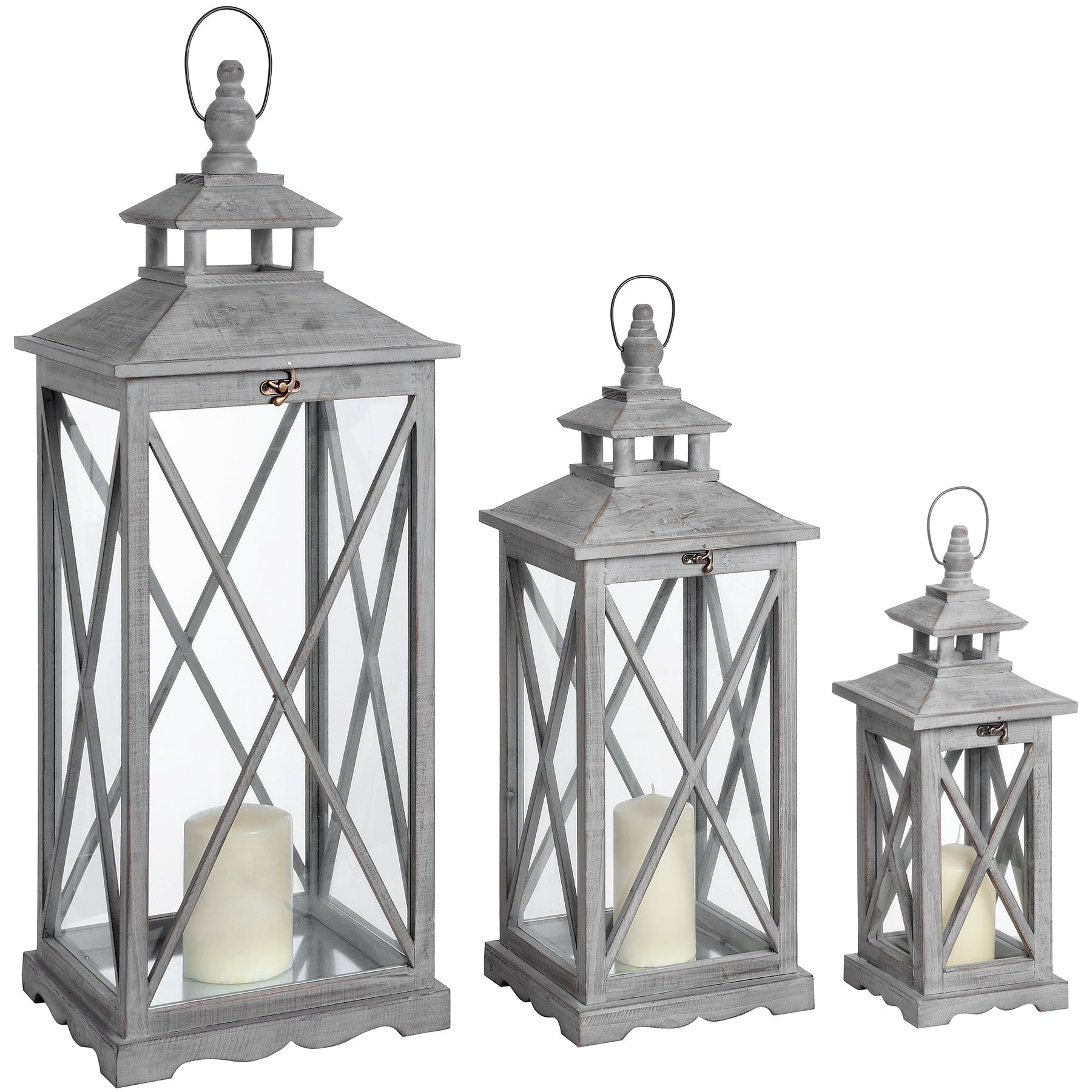 View Set Of Three Wooden Lanterns With Traditional Cross Section information