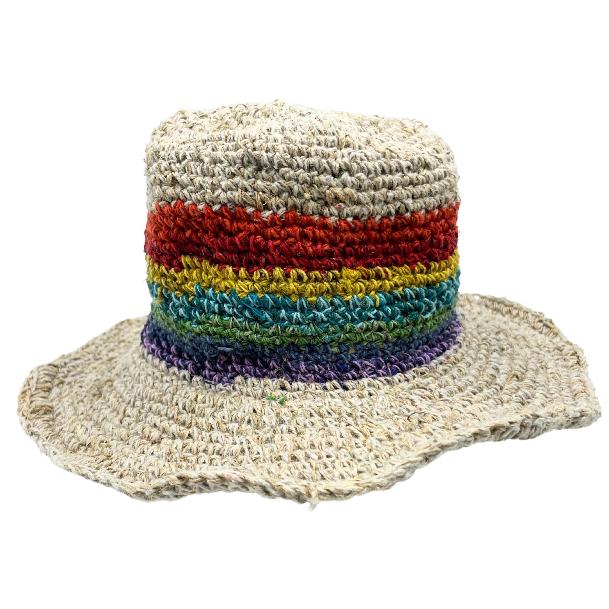 View HandKnited Hemp Cotton Boho Festival Hat Rainbow information