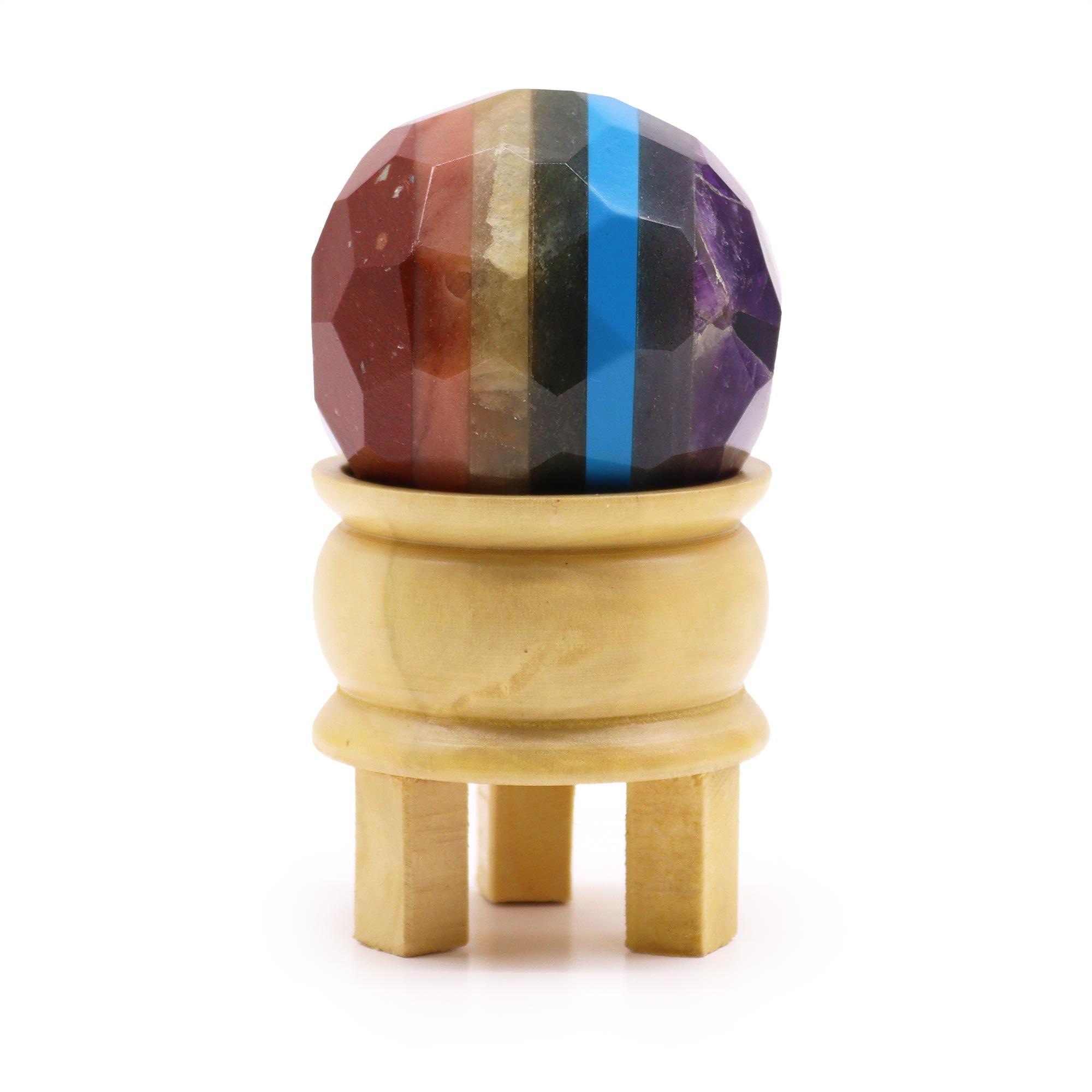 View Gemstone Faceted Healing Ball Stand Seven Chakra information