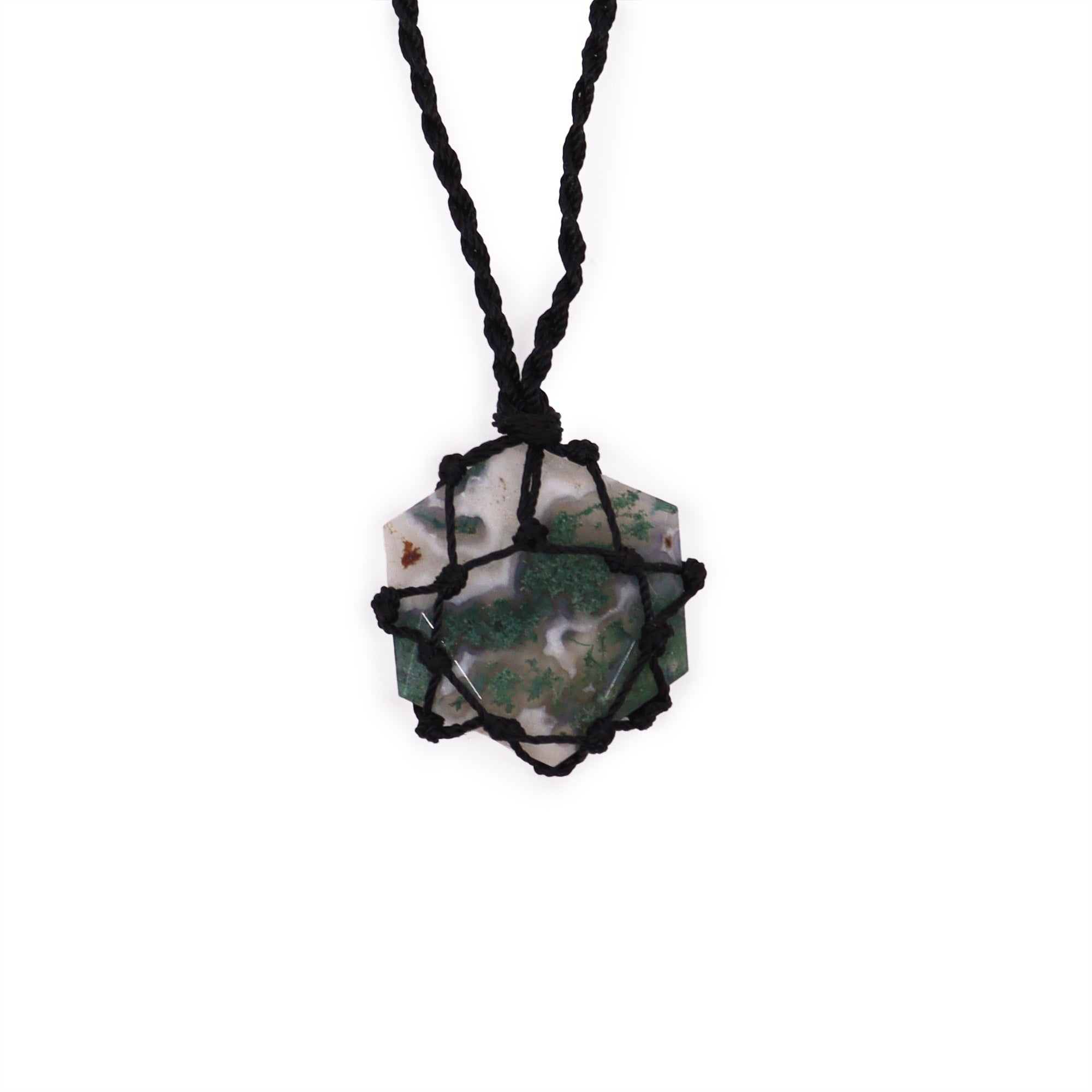 View Laced Gemstone Hexagon Pendant Moss Agate information