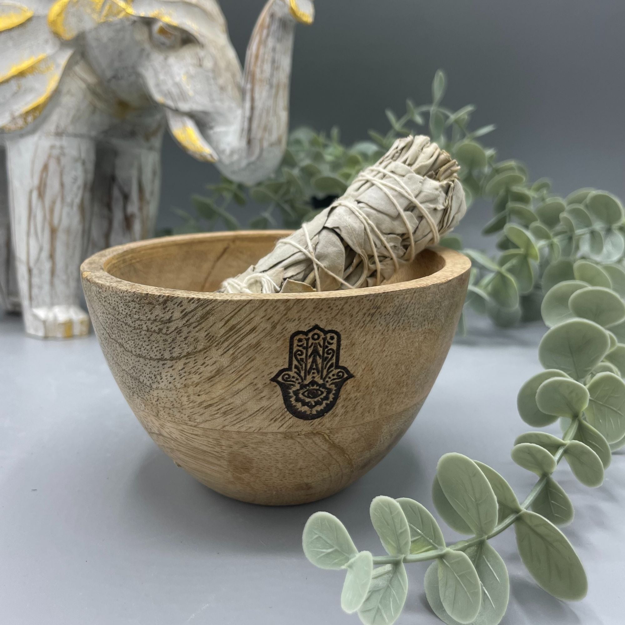 View Wooden Smudge and Ritual Offerings Bowl Hamsa 11x7cm information