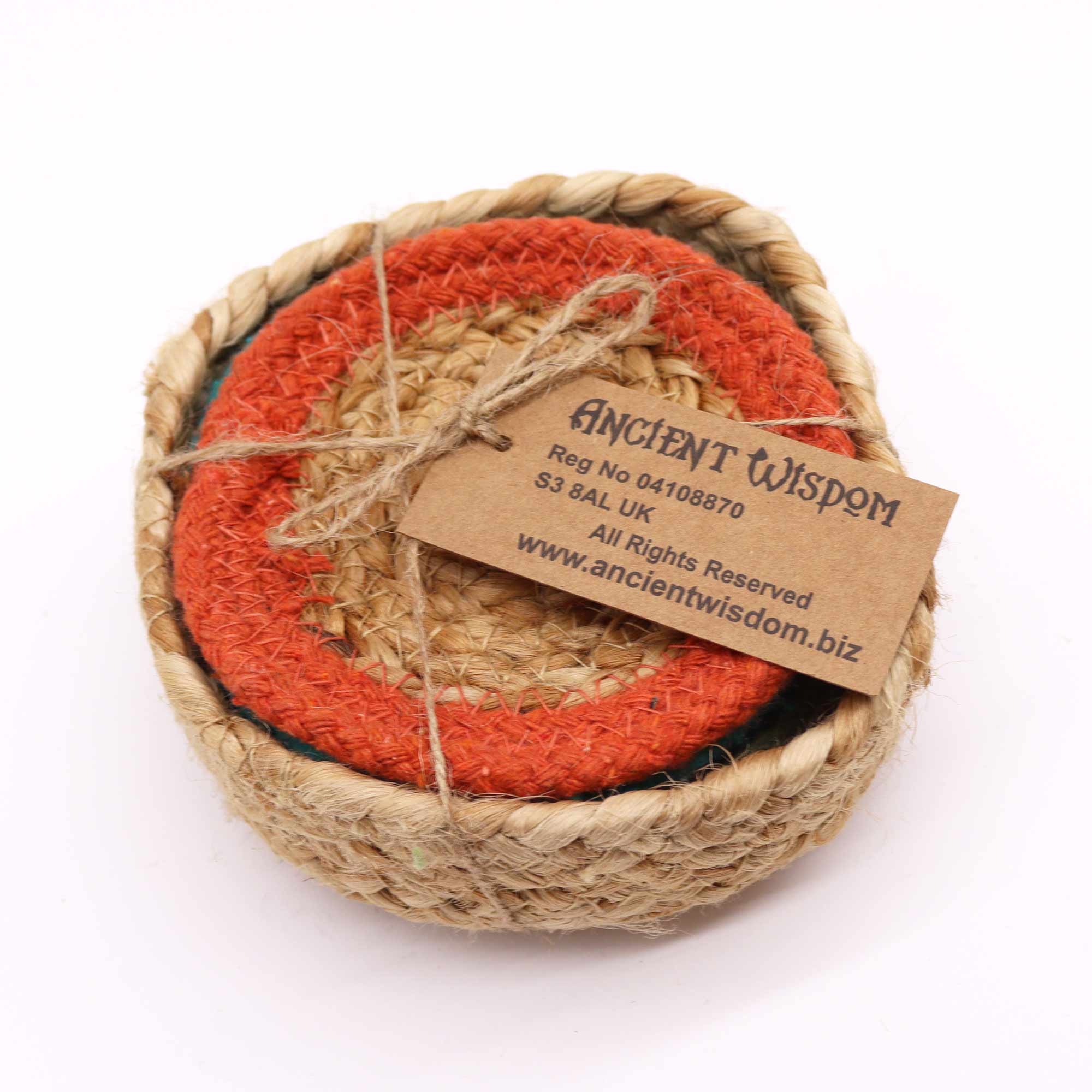 View Natural Coaster Jute Cotton 10cm set of 6 Mixed colours in basket information