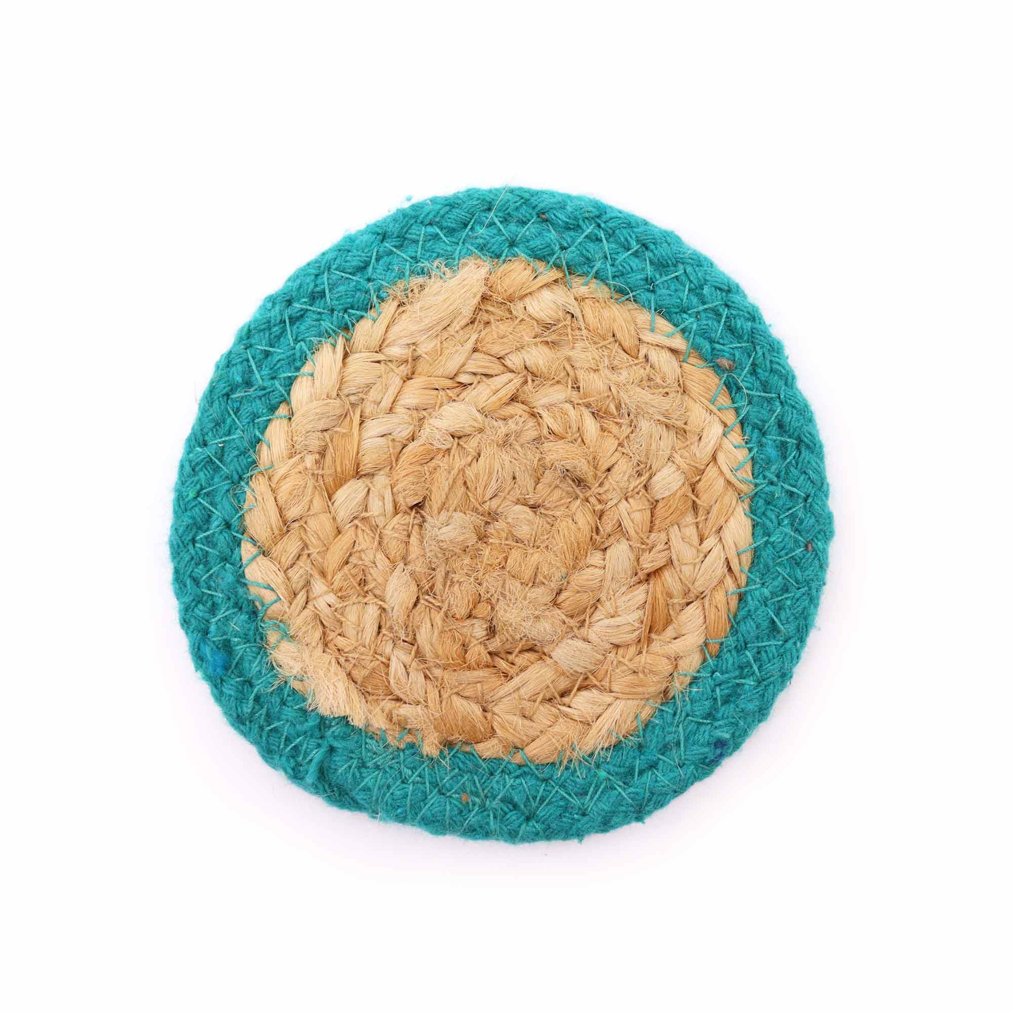 View Natural Coaster Jute Cotton 10cm set of 4 Teal Boarder information