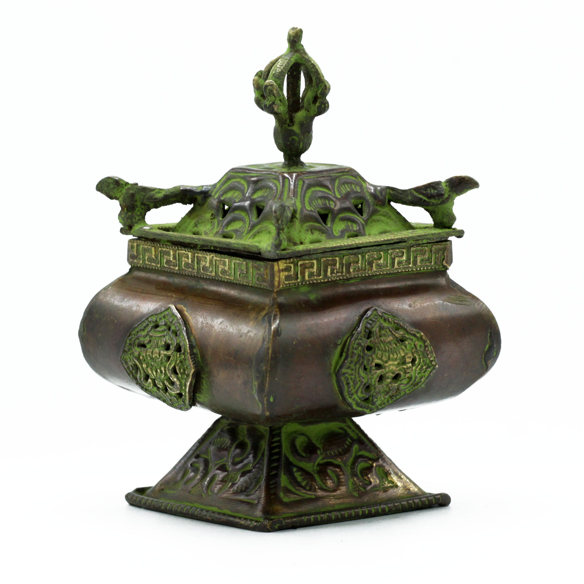 View Brass Verdigris Tibetan Burner Four Symbols Square Standing Pot information