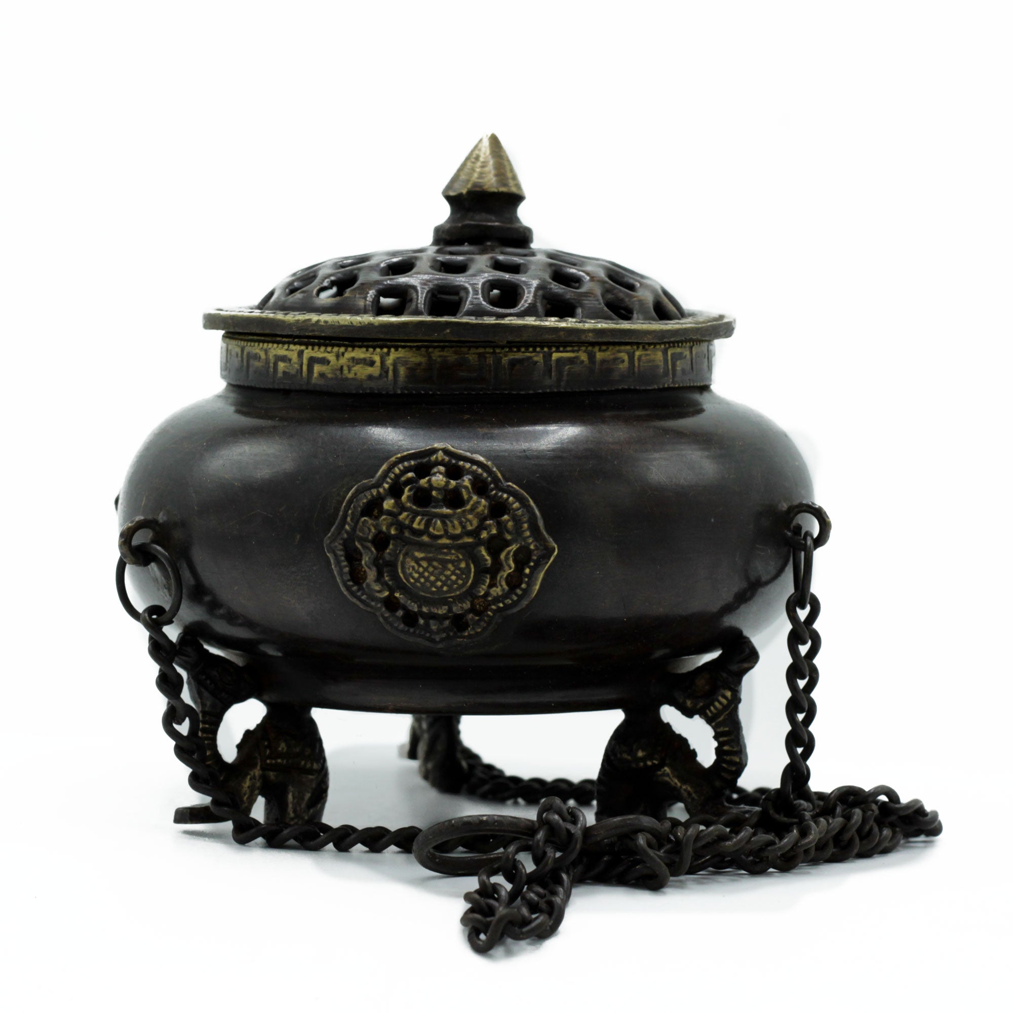 View Lrg Brass Tibetan Burner Four Symbol Hanging Pot information