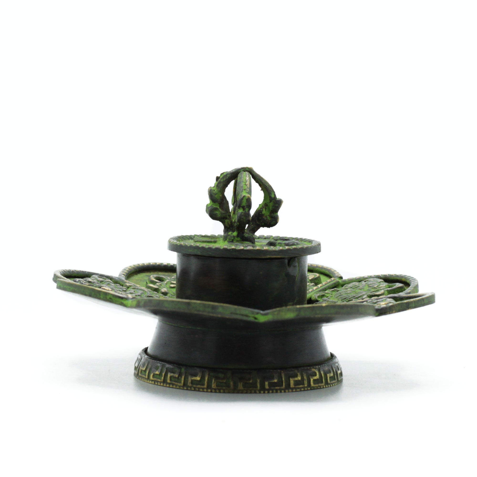 View Brass Verdigris Tibetan Cone Incense Holder Eight Symbols information