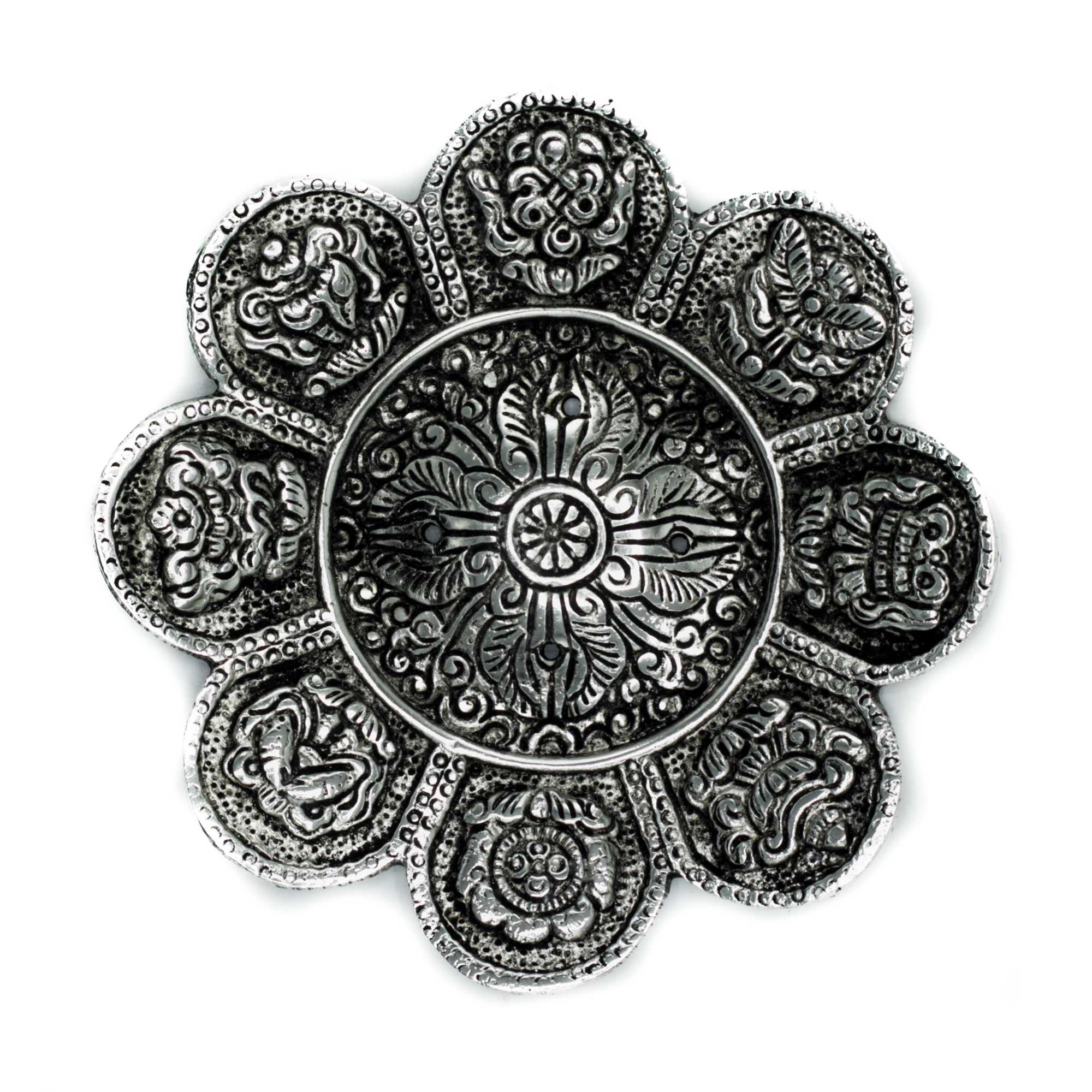 View Polished Aluminium Tibetan Symbols Incense Holder 12cm information