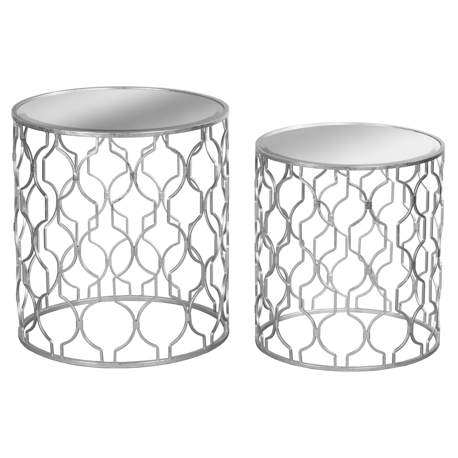 View Set of Two Arabesque Silver Foil Mirrored Side Tables information