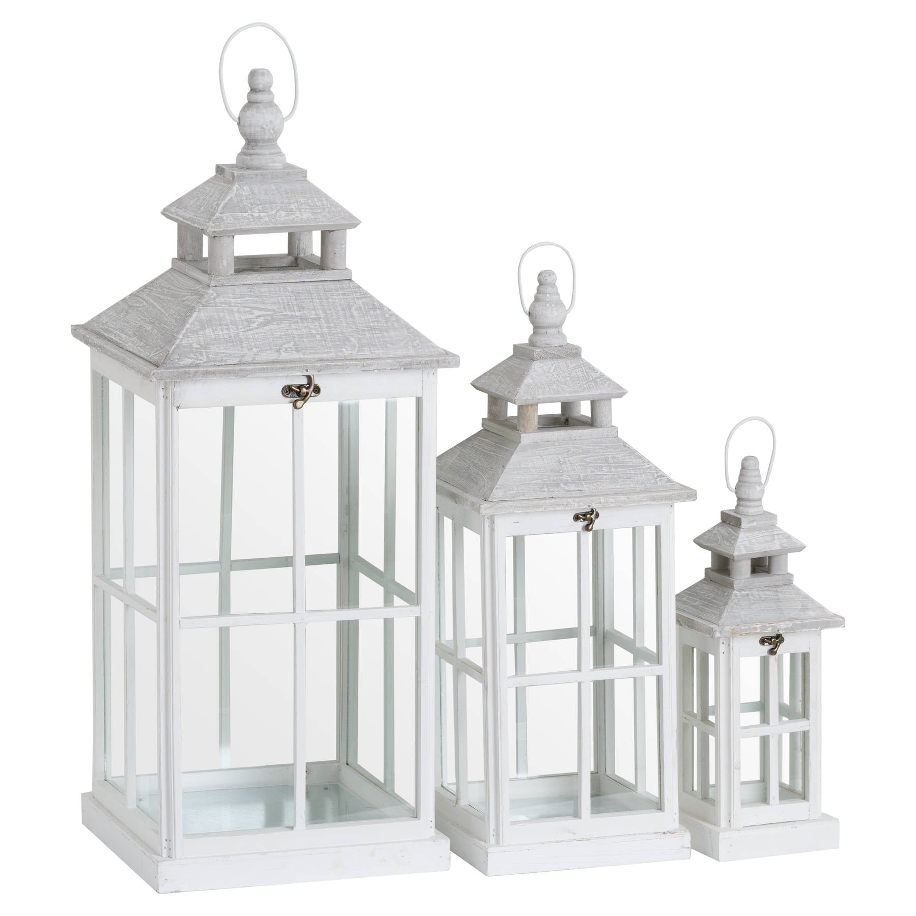 View Set Of 3 White Window Style Lanterns With Open Top information