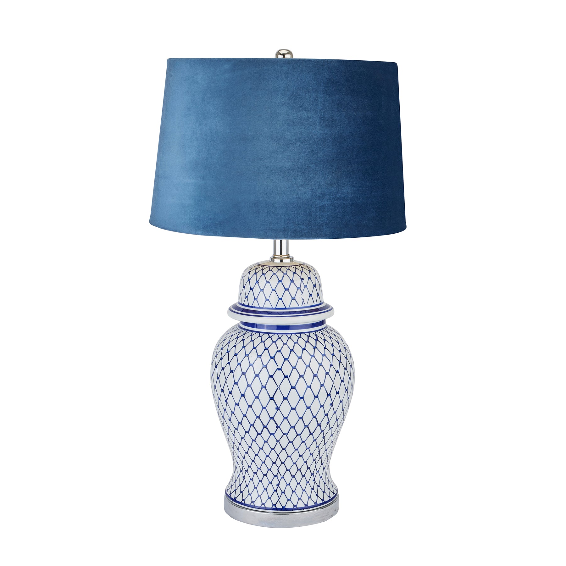 View Malabar Blue And White Ceramic Lamp With Blue Velvet Shade information