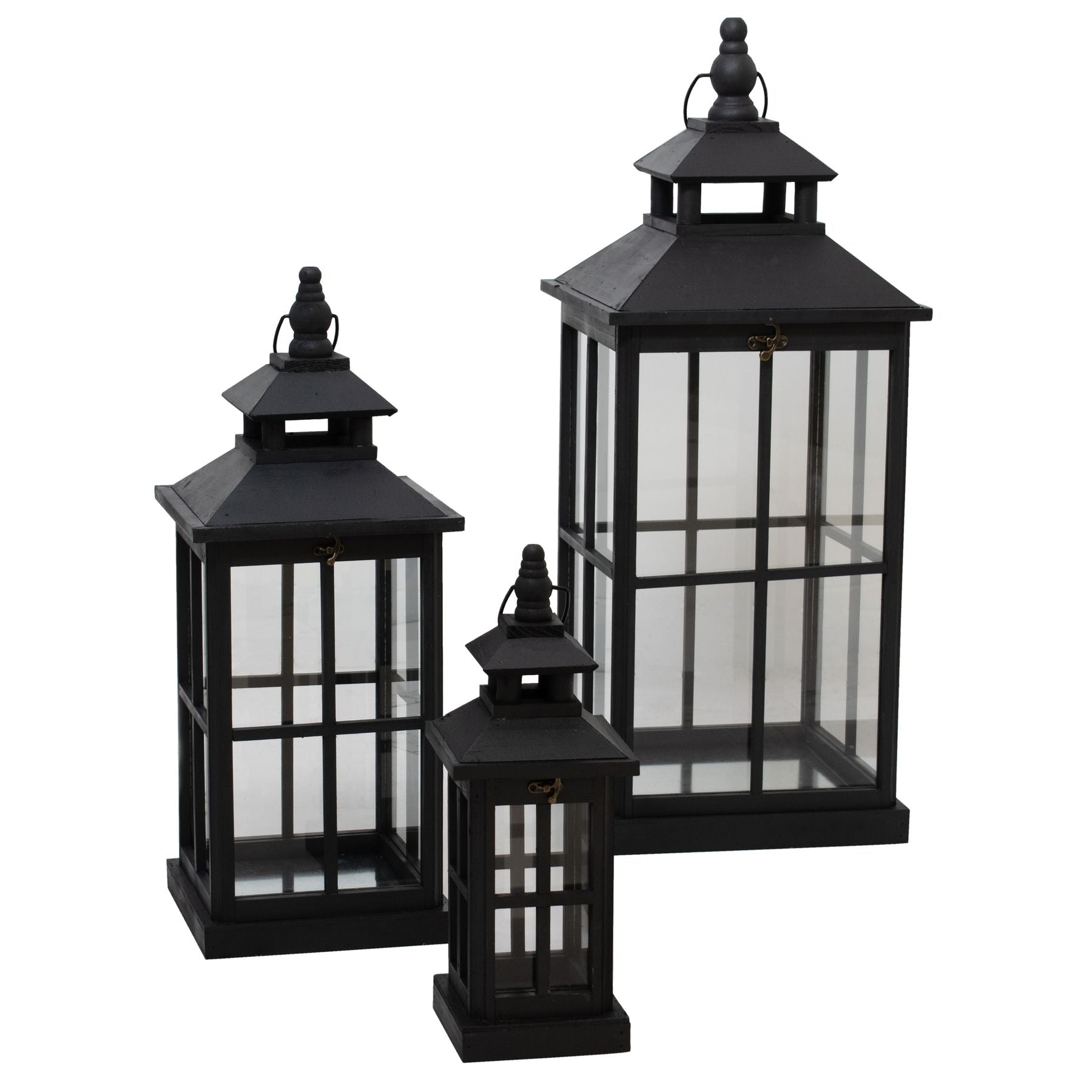 View Set Of 3 Black Window Style Lanterns With Open Top information