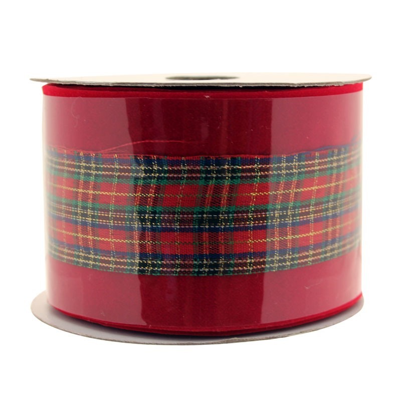View Red Velvet Ribbon With Tartan Centre 25 Inch X 10m information