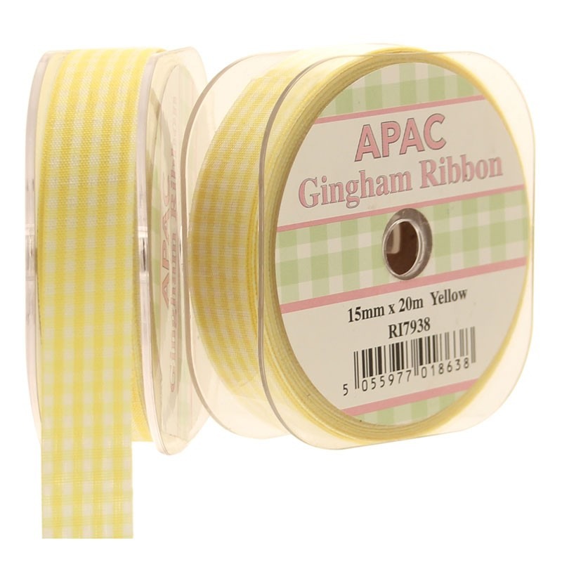View Yellow Small Gingham Ribbon 15mm information