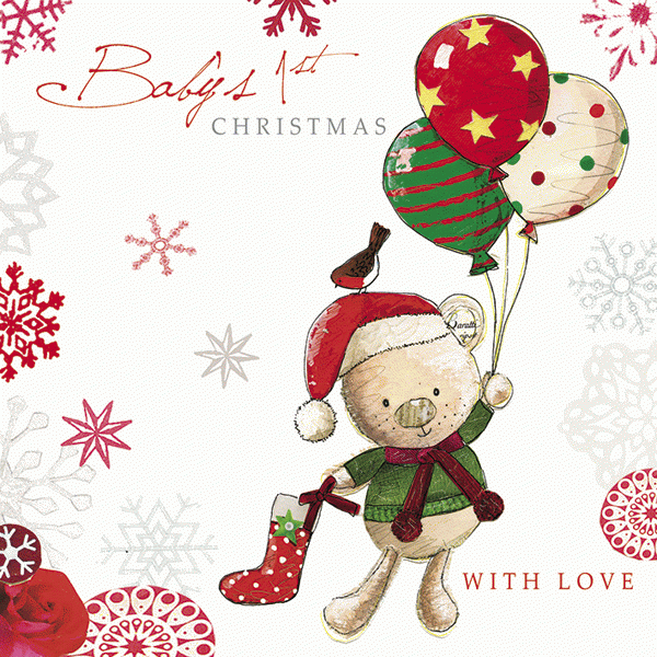 View Teddy with balloons Babys 1st Christmas greetings card information