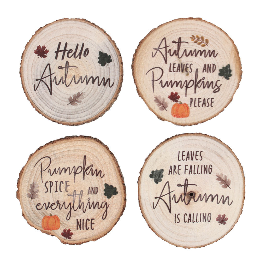 View Hello Autumn Wood Slice Coaster Set information