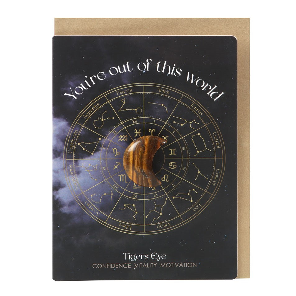 View Out Of This World Tigers Eye Crystal Moon Greeting Card information