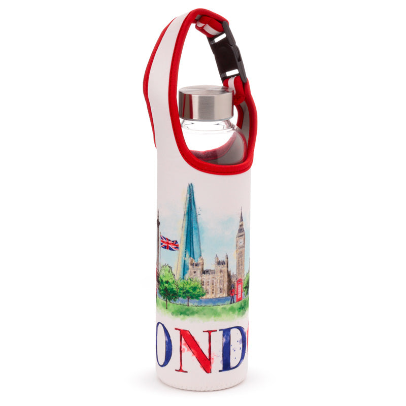 View Reusable 500ml Glass Water Bottle with Protective Neoprene Sleeve London Icons information