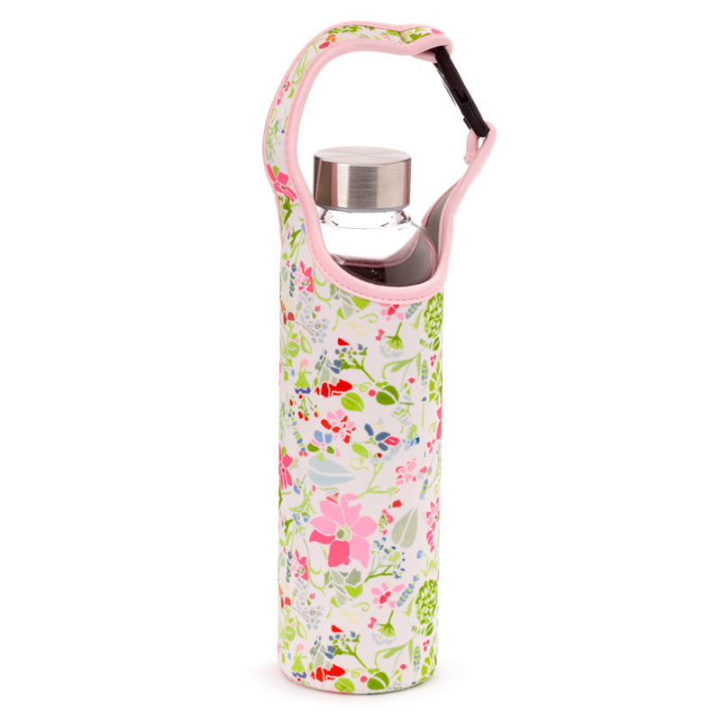 View Reusable 500ml Glass Water Bottle with Protective Neoprene Sleeve Julie Dodsworth Pink Botanical information