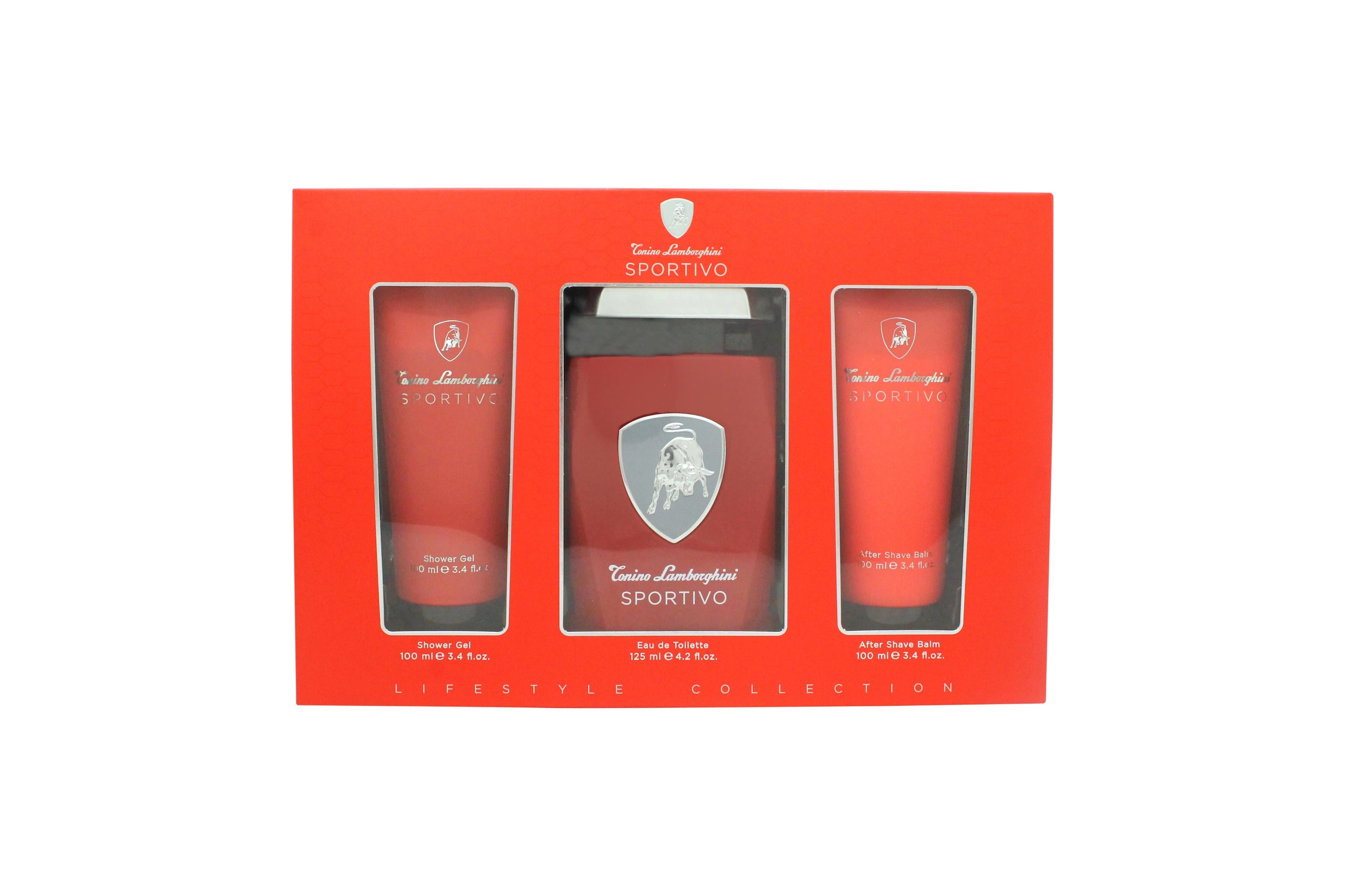 View Lamborghini Sportivo Gift Set 125ml EDT Spray 100ml Shower Gel 100ml Aftershave Balm information