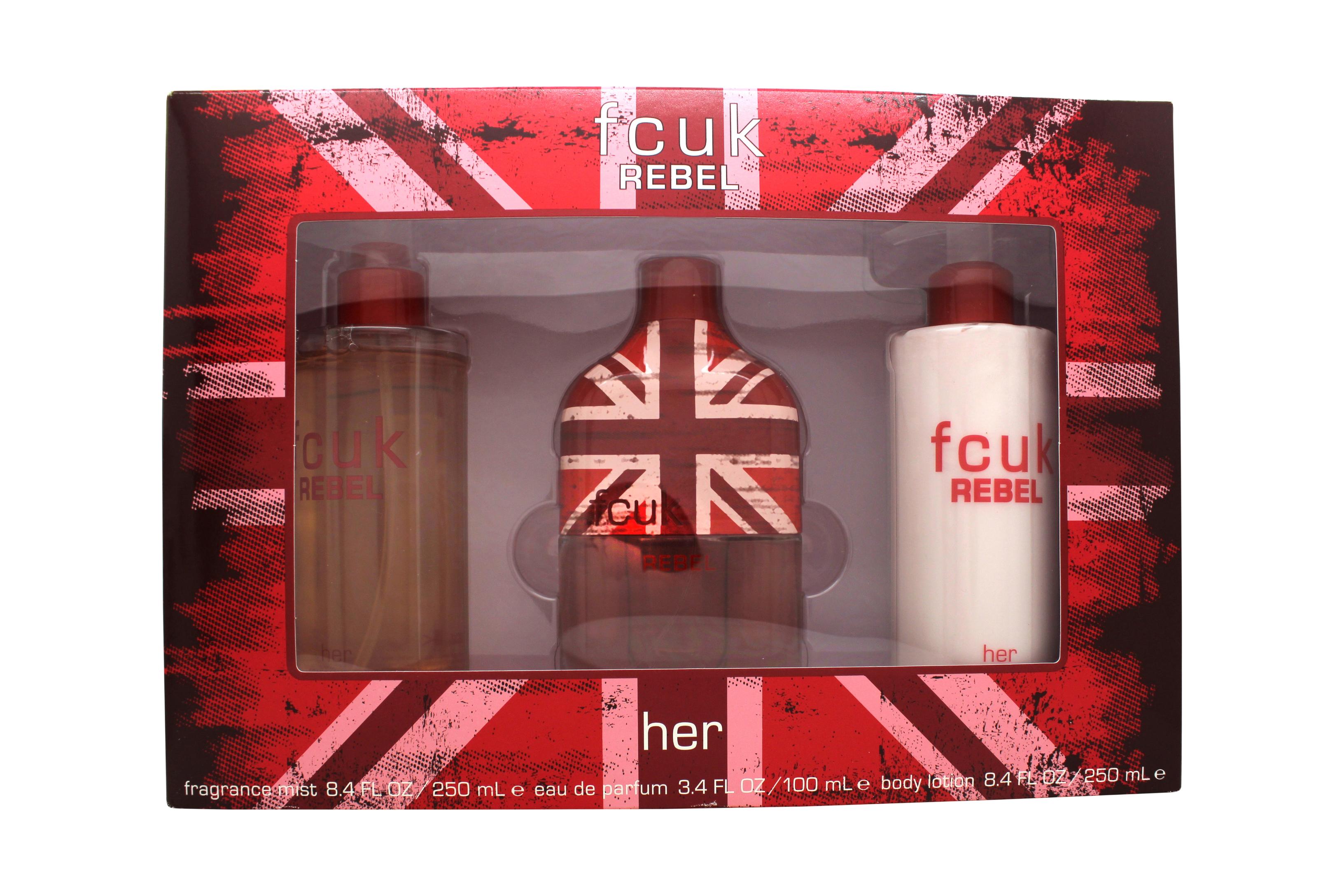 View FCUK Rebel For Her Gift Set 100ml EDT 250ml Body Lotion 250ml Fragrance Mist information