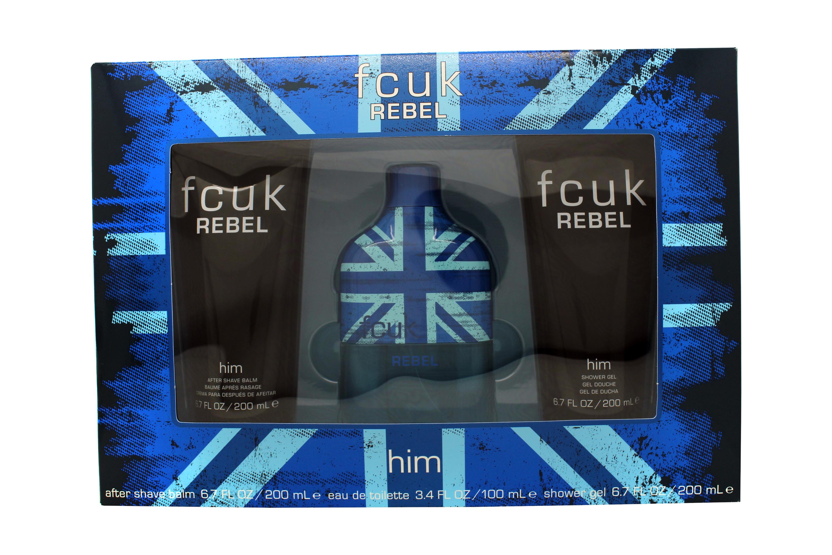 View FCUK Rebel For Him Gift Set 100ml EDT 200ml Shower Gel 200ml Aftershave Balm information