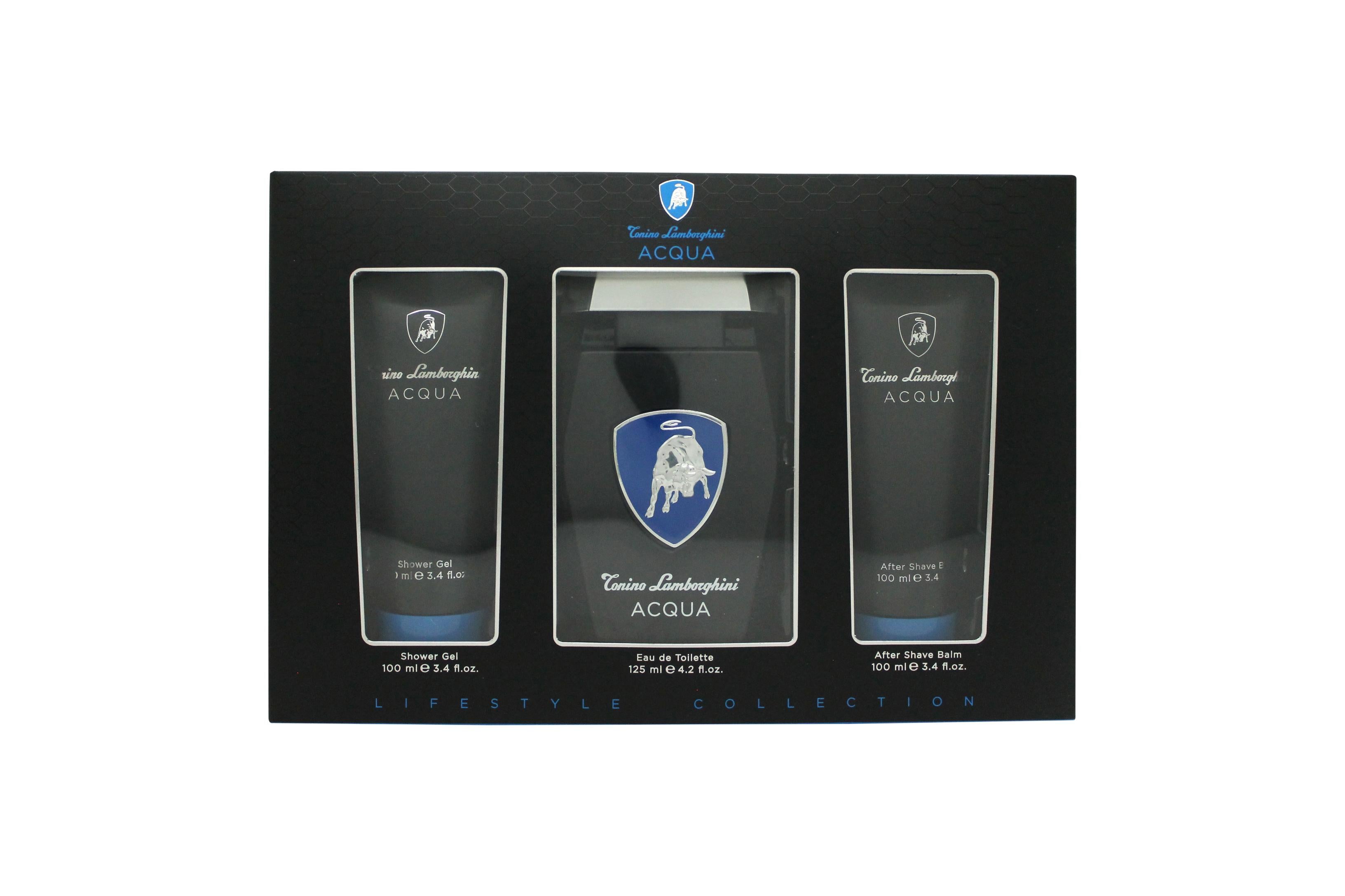 View Lamborghini Acqua Gift Set 125ml EDT 100ml Shower Gel 100ml Aftershave Balm information