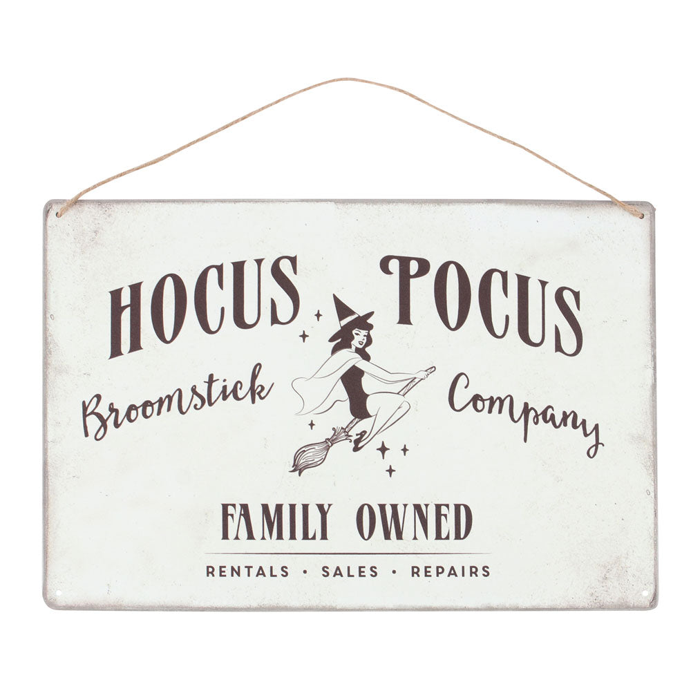 View Hocus Pocus Broomstick Company Metal Hanging Sign information