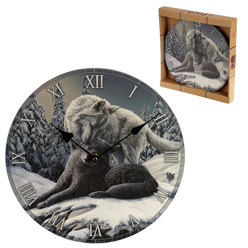 View Decorative Fantasy Snow Kisses Wolf Wall Clock information