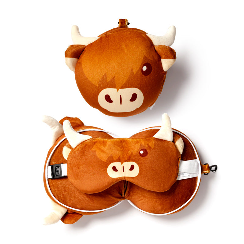 View Highland Coo Cow Relaxeazzz Plush Round Travel Pillow Eye Mask Set information