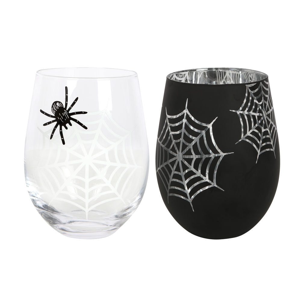 View Set of 2 Spider and Web Stemless Wine Glasses information