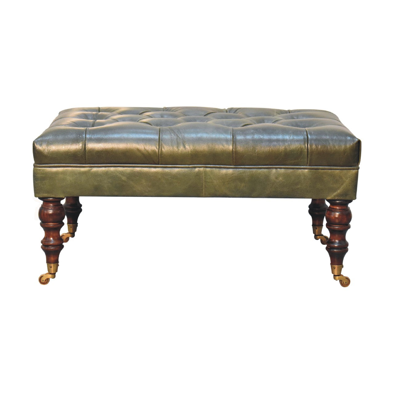 View Buffalo Green Leather Ottoman with Castor Legs information