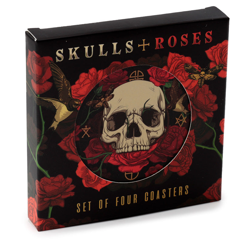 View Set of 4 Cork Novelty Coasters Skulls and Roses information