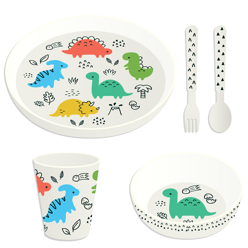 View Recycled RPET Set of 5 Kids Cup Bowl Plate Cutlery Set Dinosauria information