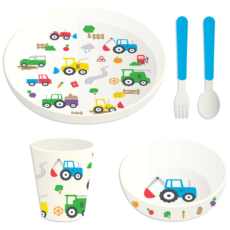 View Recycled RPET Set of 5 Kids Cup Bowl Plate Cutlery Set Little Tractors information