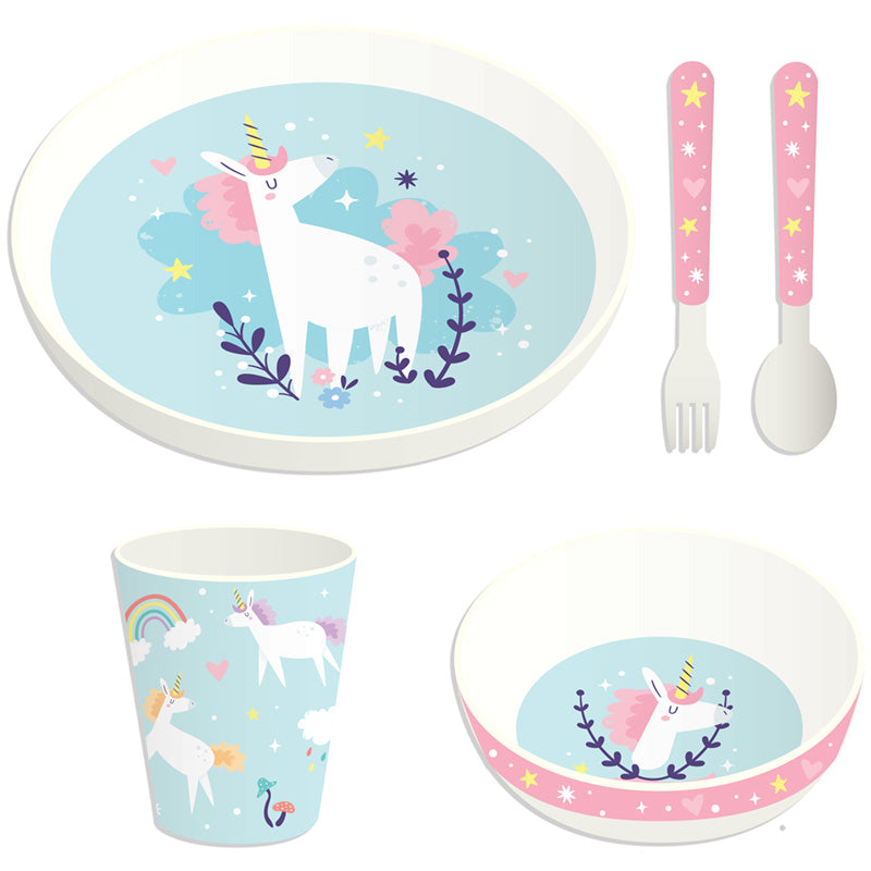 View Recycled RPET Set of 5 Kids Cup Bowl Plate Cutlery Set Unicorn Magic information