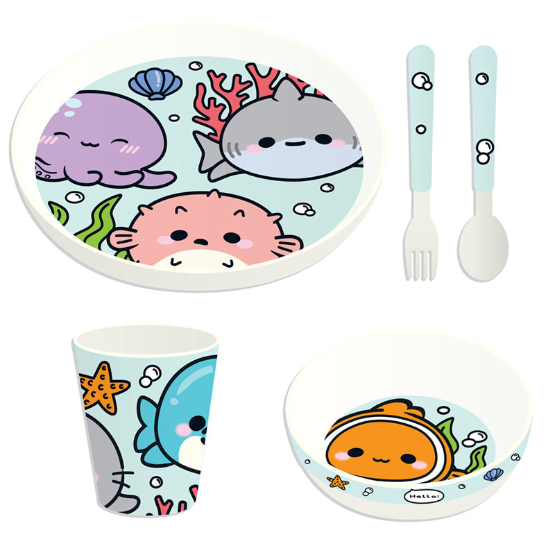 View Recycled RPET Set of 5 Kids Cup Bowl Plate Cutlery Set Adoramals Sealife information