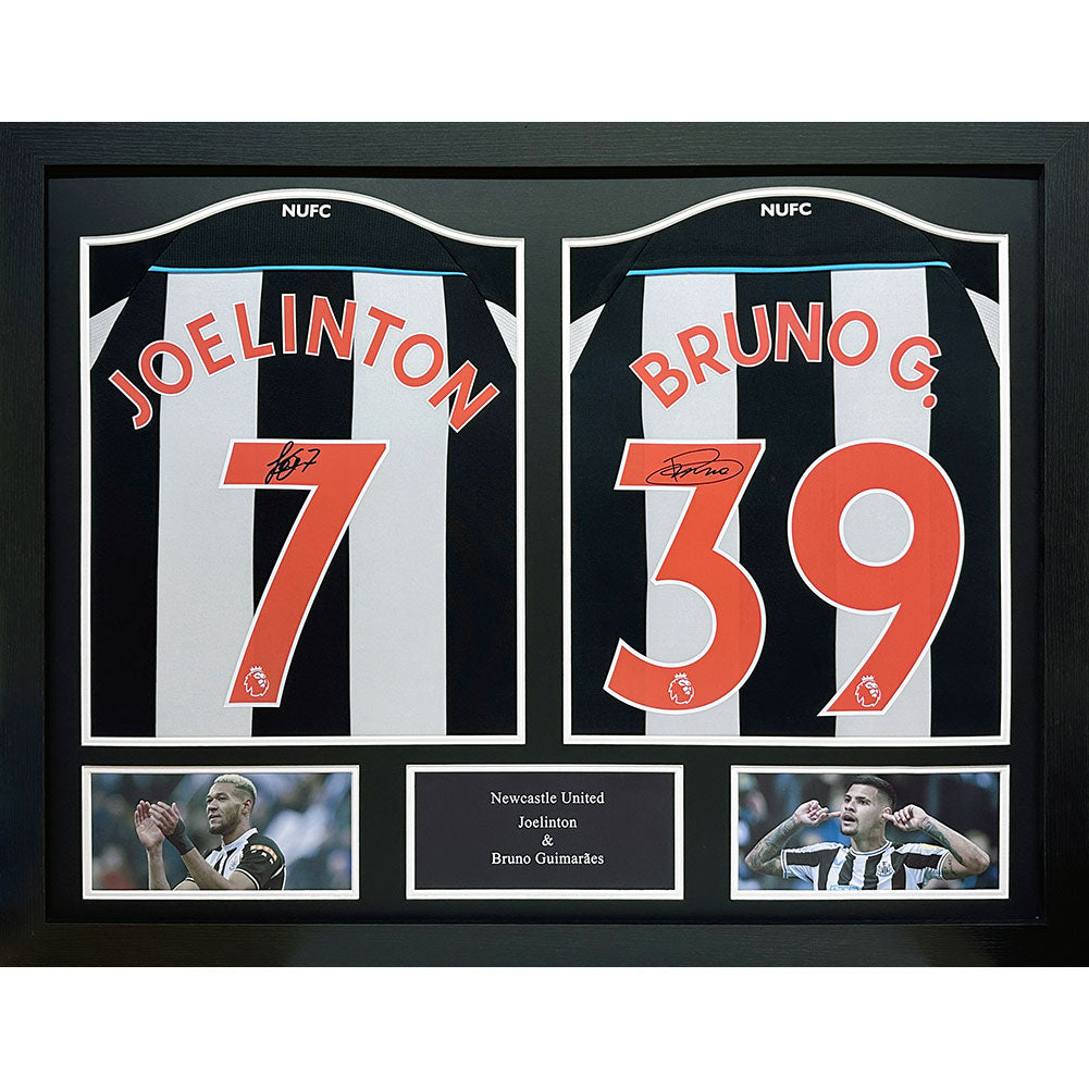 View Newcastle United FC Bruno Guimaraes Joelinton Signed Shirts Dual Framed information