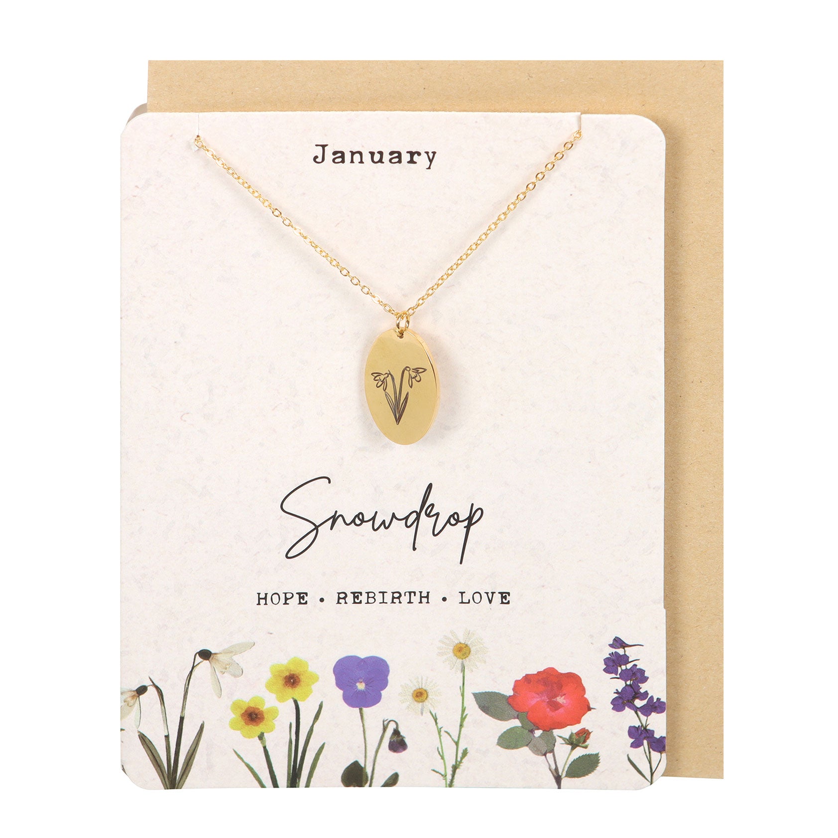 View January Snowdrop Birth Flower Necklace Card information