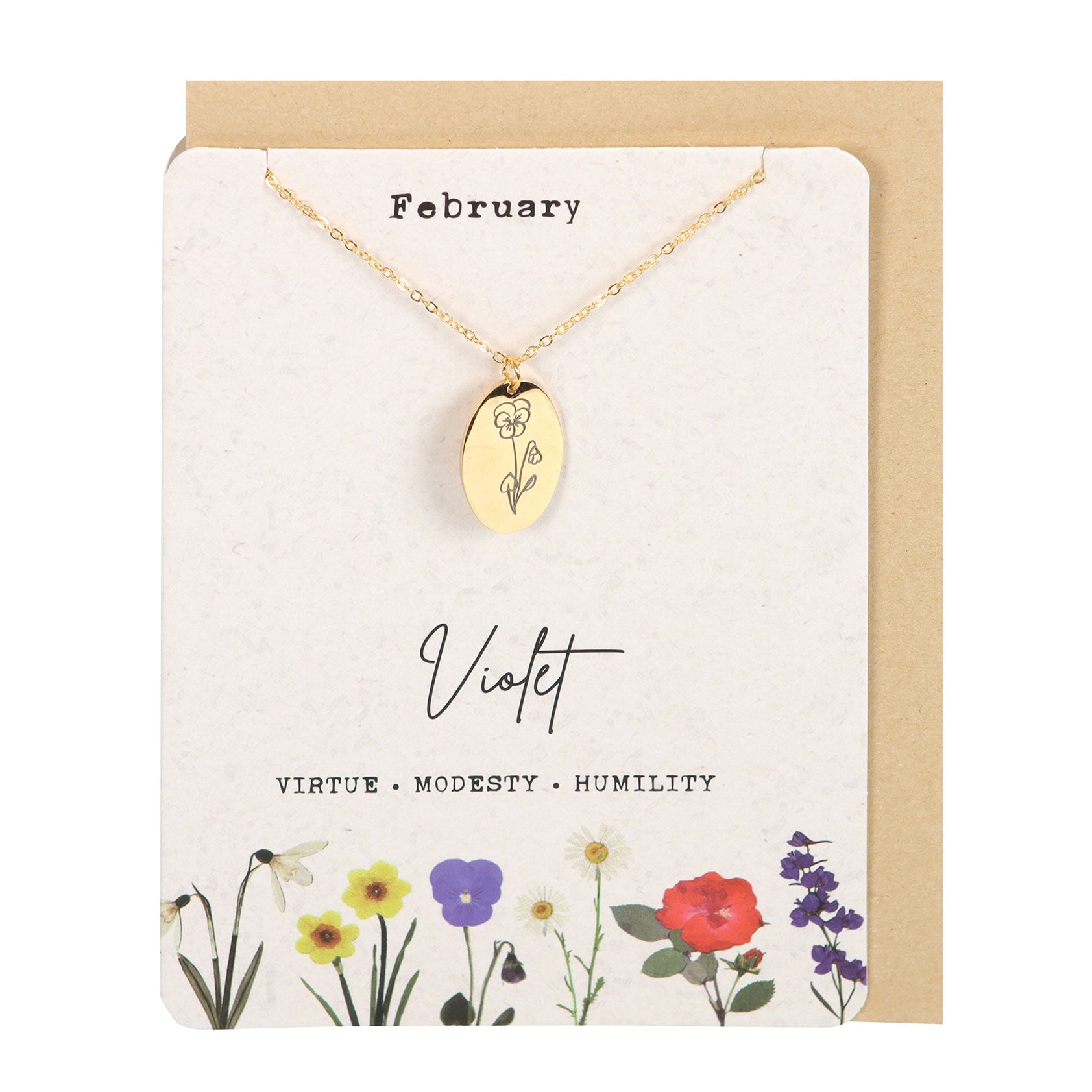 View February Violet Birth Flower Necklace Card information