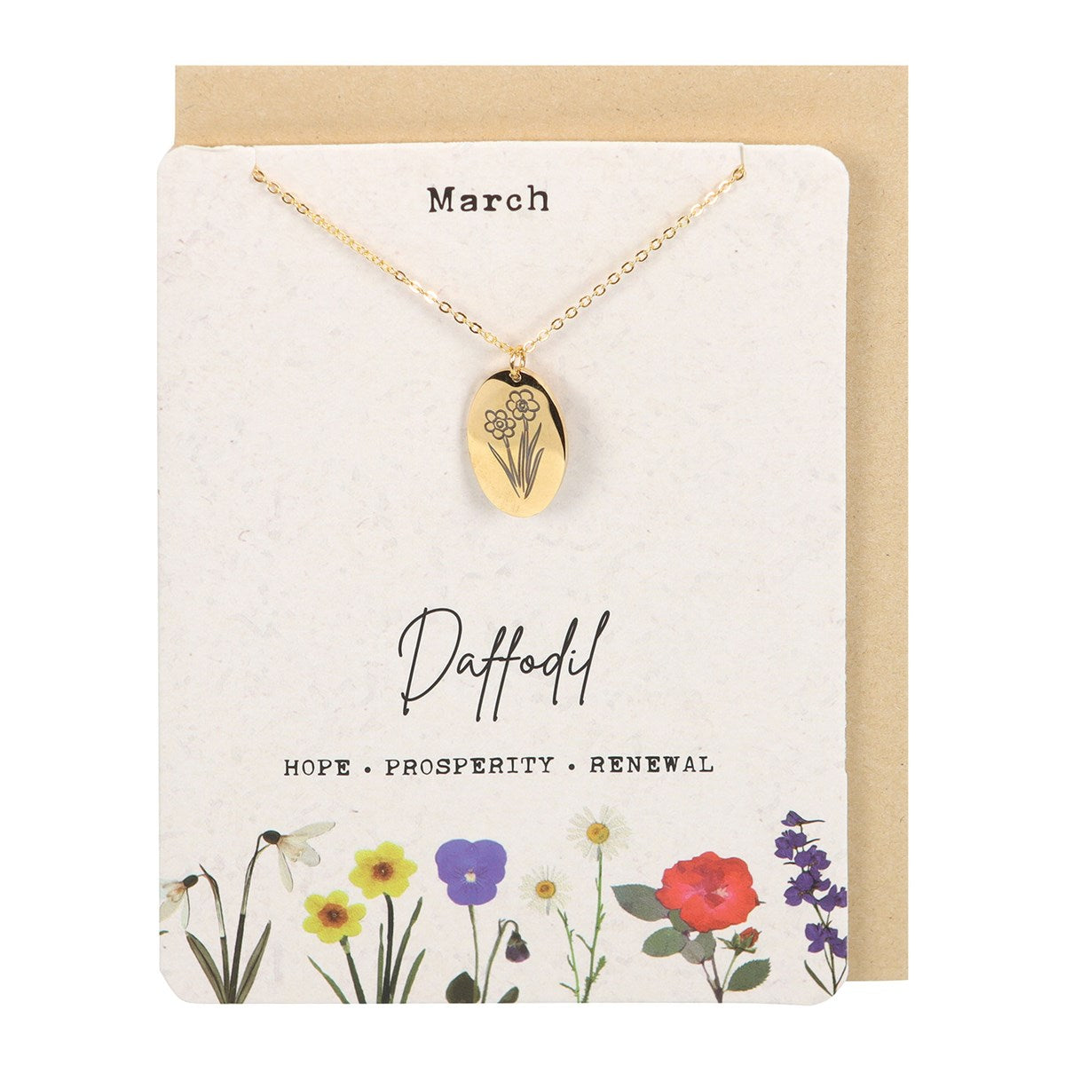 View March Daffodil Birth Flower Necklace Card information