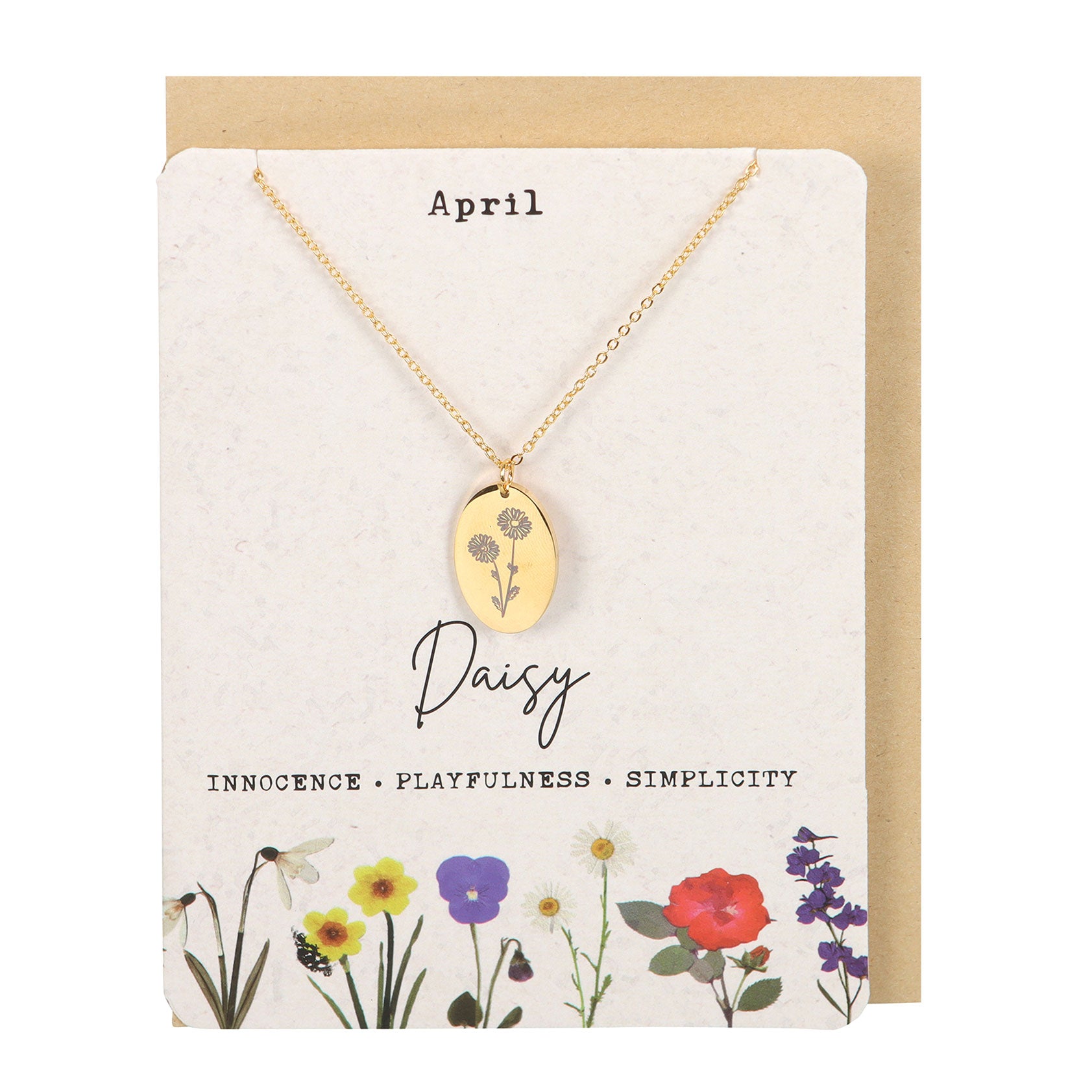 View April Daisy Birth Flower Necklace Card information