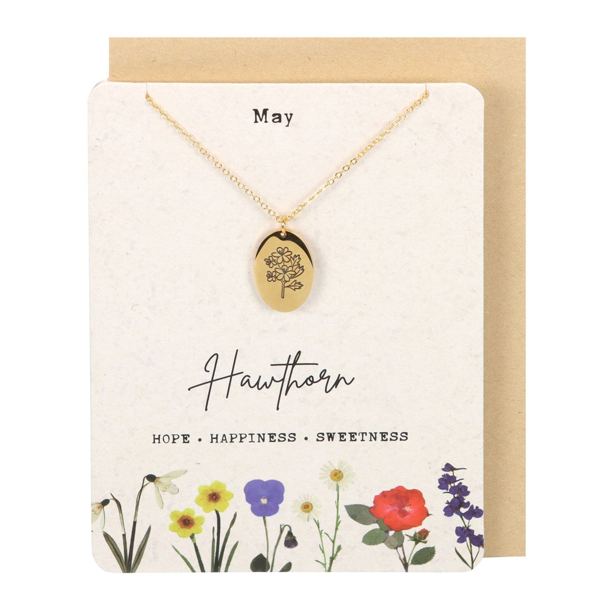 View May Hawthorn Birth Flower Necklace Card information