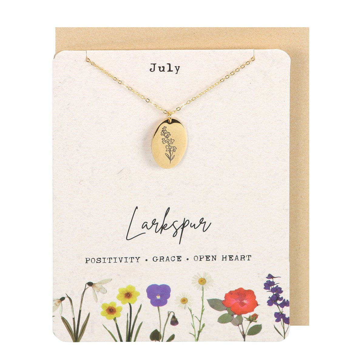 View July Larkspur Birth Flower Necklace Card information