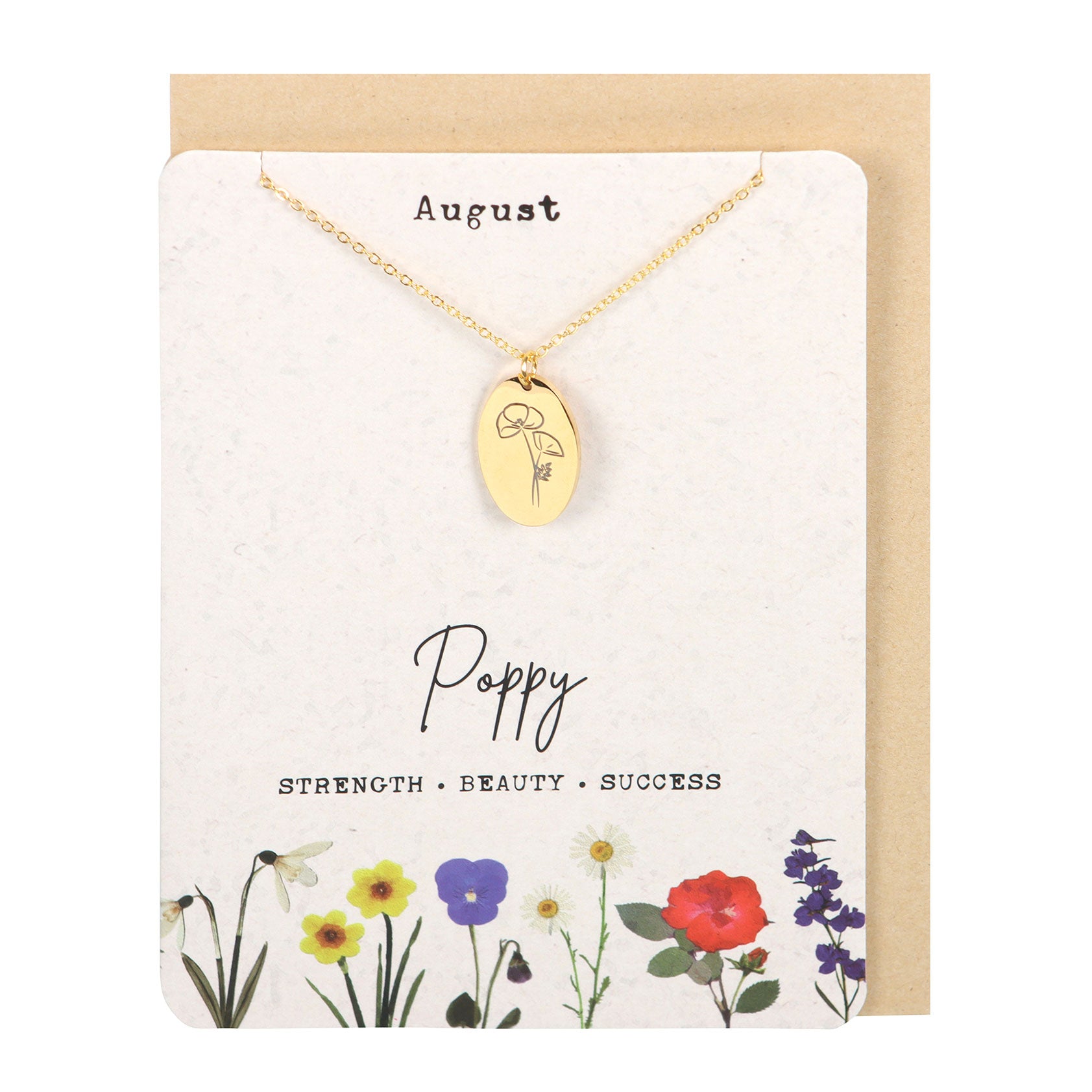 View August Poppy Birth Flower Necklace Card information