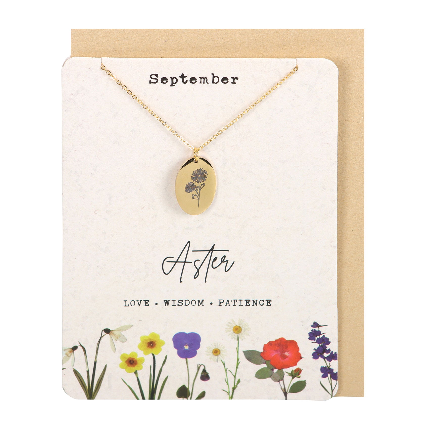 View September Aster Birth Flower Necklace Card information